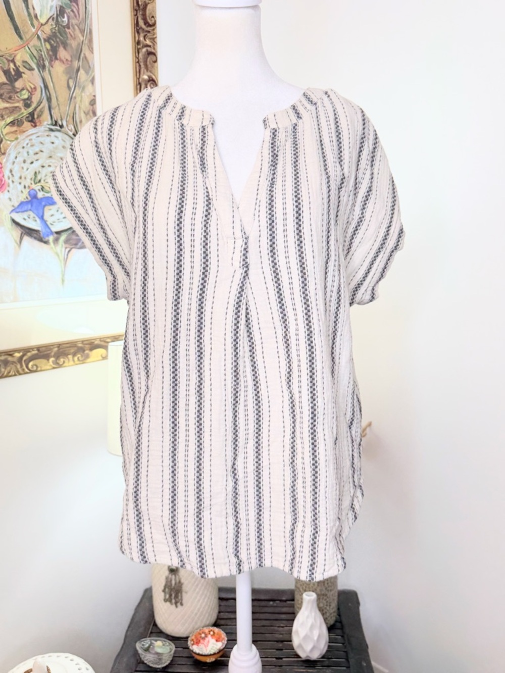 Lucky Brand Boho Gauze Top XS Cream Stripe Cotton Peasant Blouse Oversized